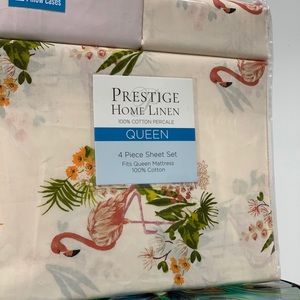 One of a Kind Flamingo Floral Cotton Percale Bedsheet, Queen Size